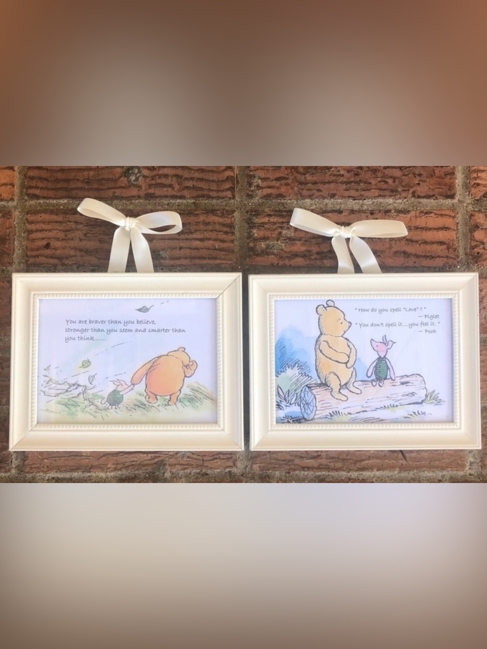 Set of 2 Winnie the Pooh & Piglet Framed Pictures  Ribbon Hangers 8.5” x 6.5”